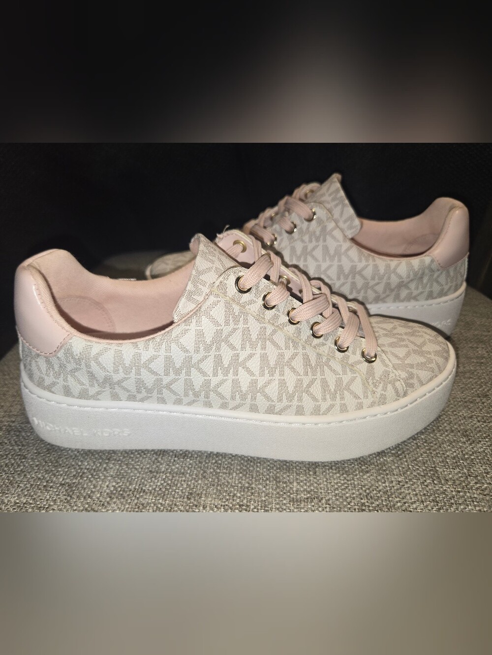Michael Kors Beige/Pink Monogram Lace-Up Platform Sneakers